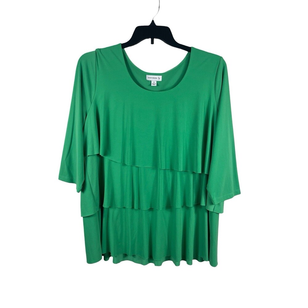 Susan Graver 1X Liquid Knit Tiered Ruffle Top Green Plus Size 3/4 Sleeve Stretch